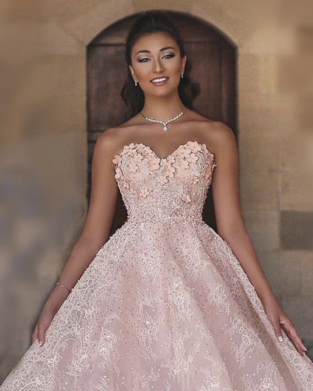 Unique Pink Lace Wedding Dresses With 3D Flowers