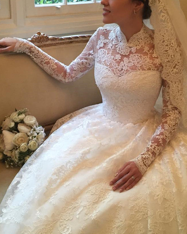 Vintage Lace Princess Wedding Dress High Neck Long Sleeves