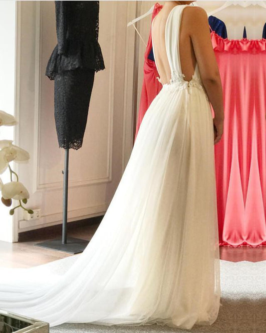 Tulle Wedding Dress Plunge Neck Open Back