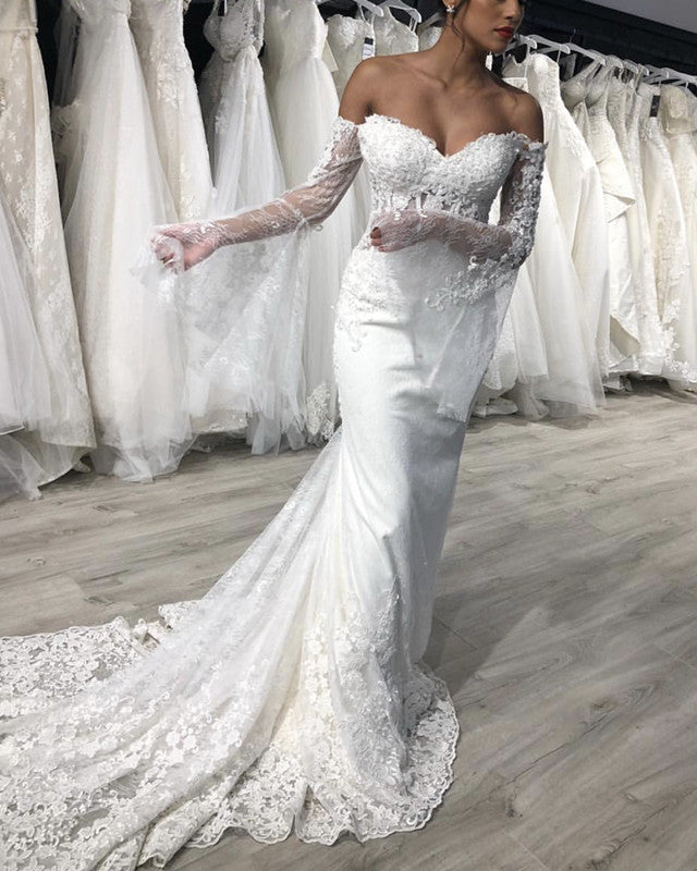 Puffy Sleeves Mermaid Lace Wedding Dress Off The Shoulder – Lisposa