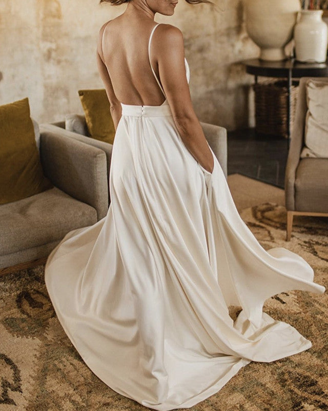 Simple Satin Boho Wedding Dresses With Pockets – Lisposa