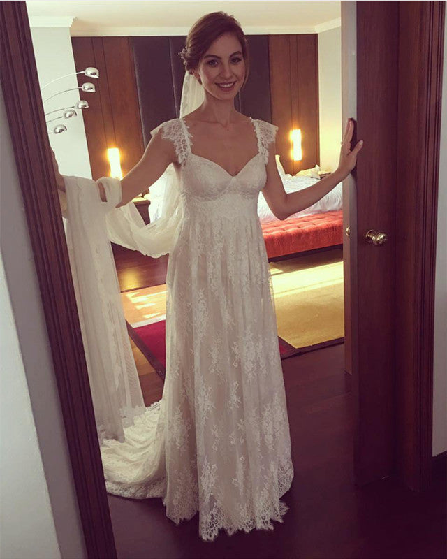 Bohemian Lace Wedding Dress Empire Waist Spaghetti Straps – Lisposa