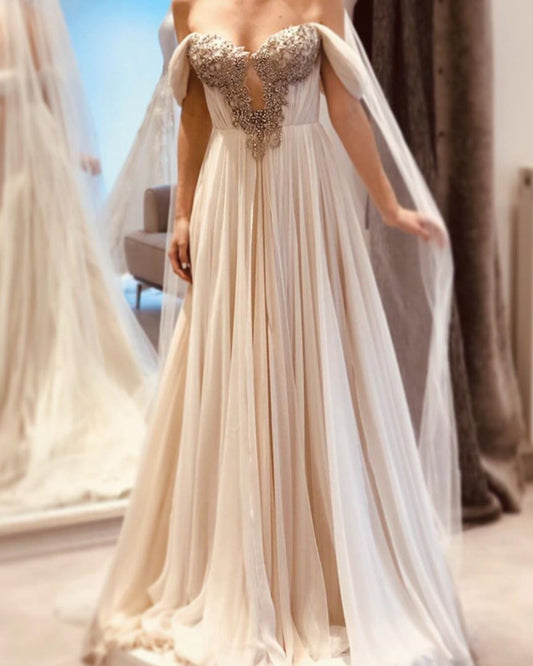 Chiffon Beach Wedding Dress Off Shoulder Beaded Neck