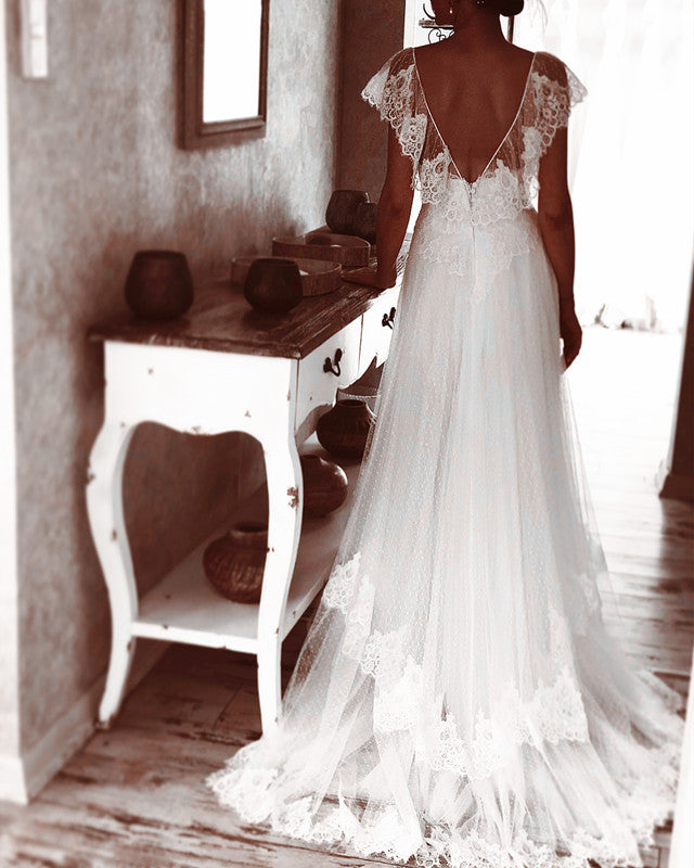 Modern Boho Wedding Dress Appliques Cap Sleeves