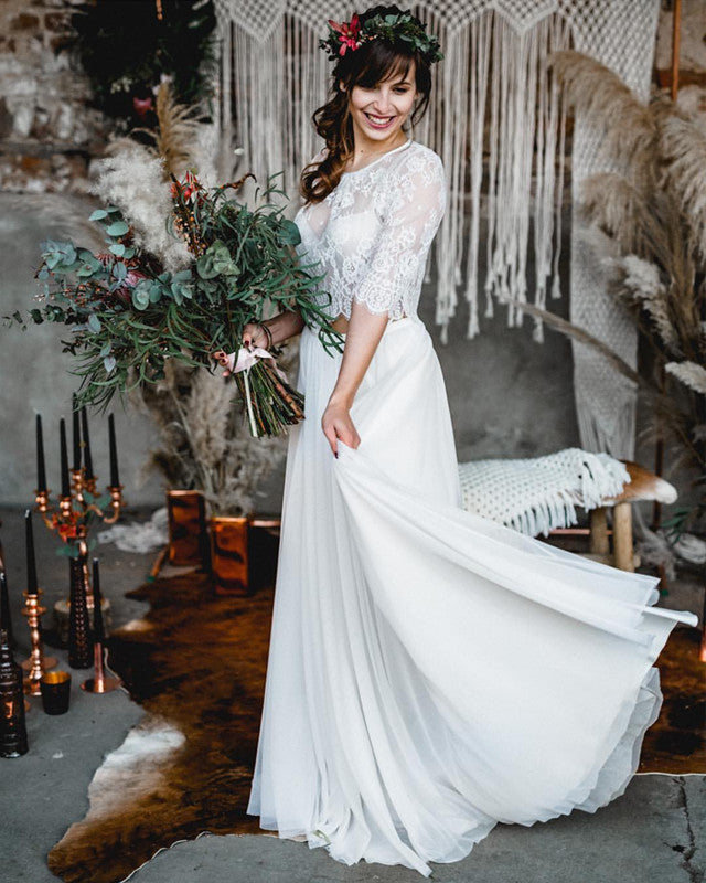 Boho Wedding Dresses Two Piece Lace Crop – Lisposa