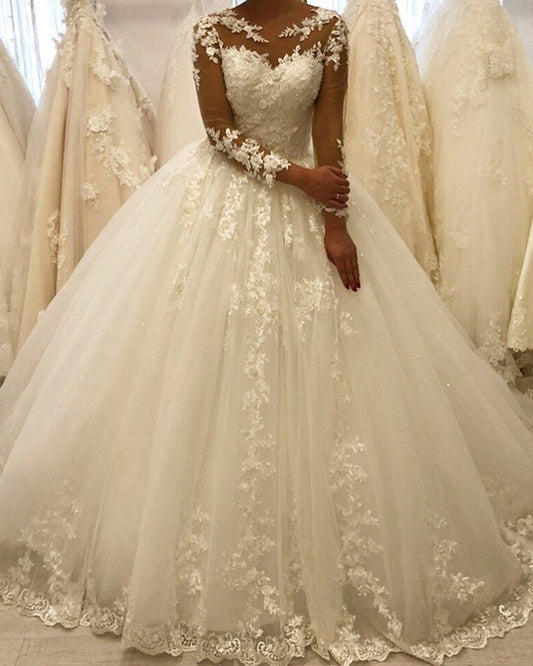 Sheer Sleeves Wedding Dress Ball Gown Appliques