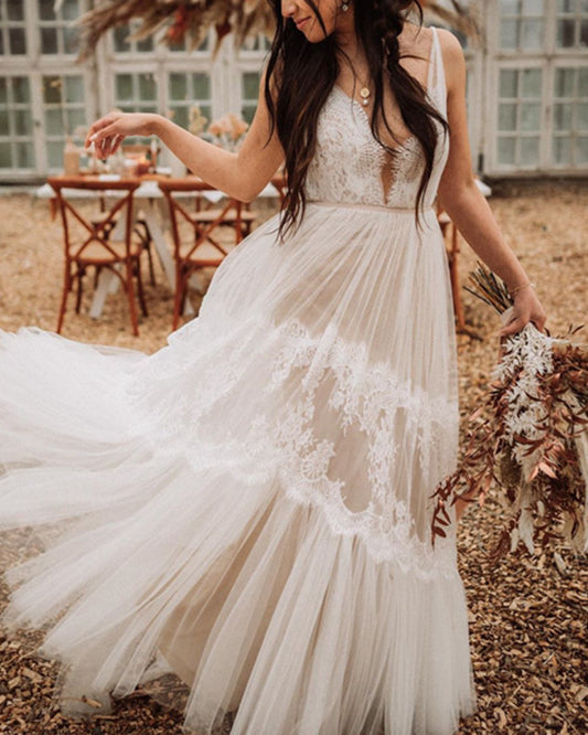 Flowy Tulle Wedding Dress V Neck Lace Appliques