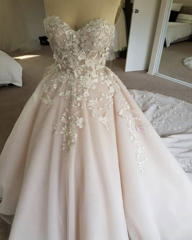 3D Floral Lace Flowers Sweetheart Wedding Ball Gown Dress