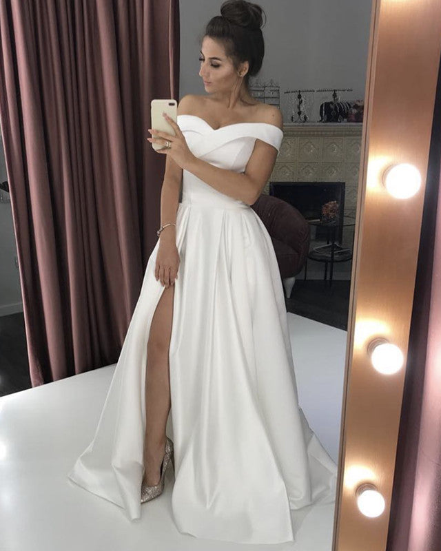 off the shoulder split leg dress Off The Shoulder V-neck Satin Long Prom Dresses Leg Split