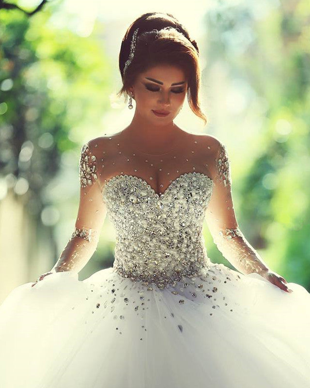 Princess Wedding Dress Crystal Beaded Illusion Sleeves – Lisposa