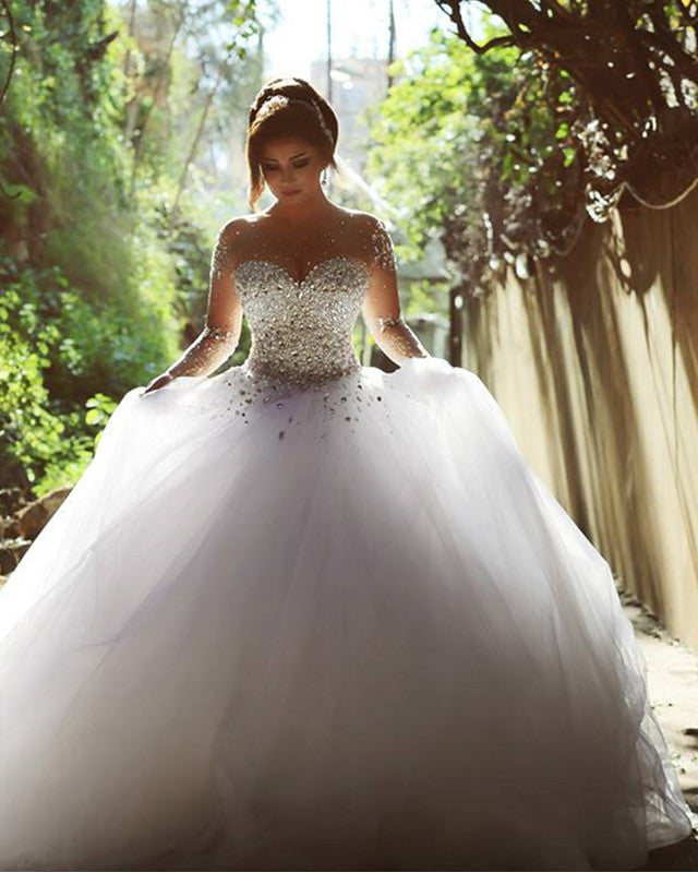 Princess Wedding Dress Crystal Beaded Illusion Sleeves – Lisposa