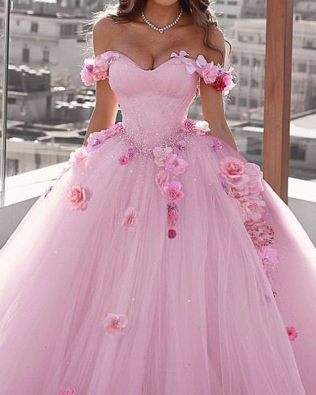 Ball Gown Off-the-Shoulder Tulle Wedding Dress With Appliques WD196 | Pink  formal dresses, Ball gowns prom, Prom dresses ball gown