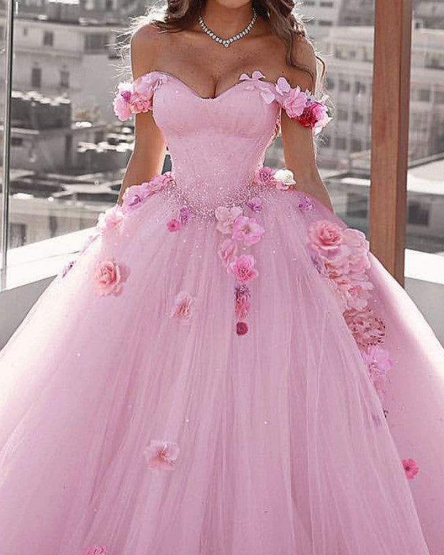wedding dresses with pink lace Blush Pink Wedding Dress Floral Flowers Ball Gown Off Shoulder – Lisposa