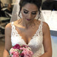 V Neck Low Back Wedding Dress Satin Ball Gown Appliques