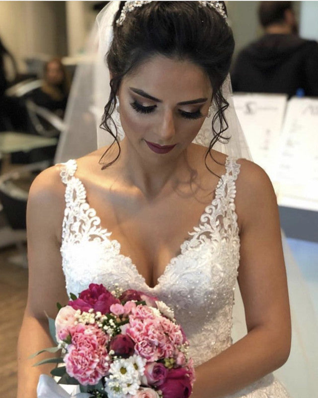 V Neck Low Back Wedding Dress Satin Ball Gown Appliques