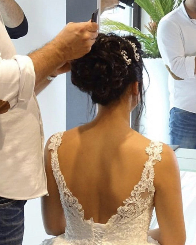 V Neck Low Back Wedding Dress Satin Ball Gown Appliques