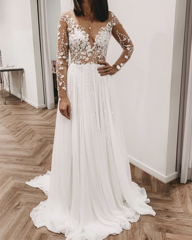 White Chiffon Wedding Dress Long Sleeves