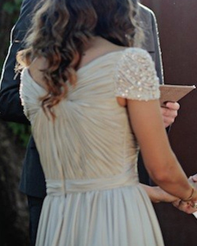 Pearl Beaded Cap Sleeves Wedding Dress Chiffon Split