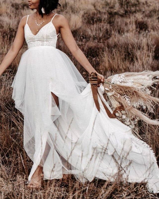 Boho Wedding Dress Lace V Neck Tulle Split Lisposa Boho Wedding Dress Lace V Neck Tulle Split Lisposa