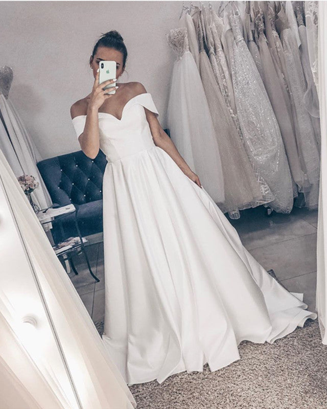 Simple Wedding Gown A Line Satin Off Shoulder – Lisposa
