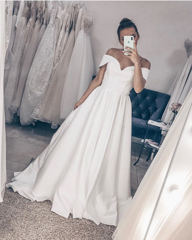 Simple Wedding Gown A Line Satin Off Shoulder – Lisposa