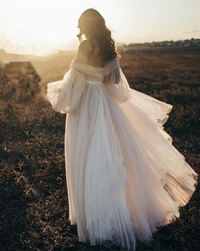 Romantic Long Sleeves Boho Wedding Dresses Tulle