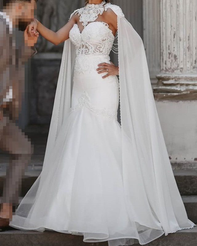 Tulle Mermaid Wedding Dress With Cape