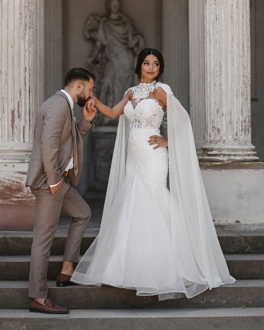 Tulle Mermaid Wedding Dress With Cape