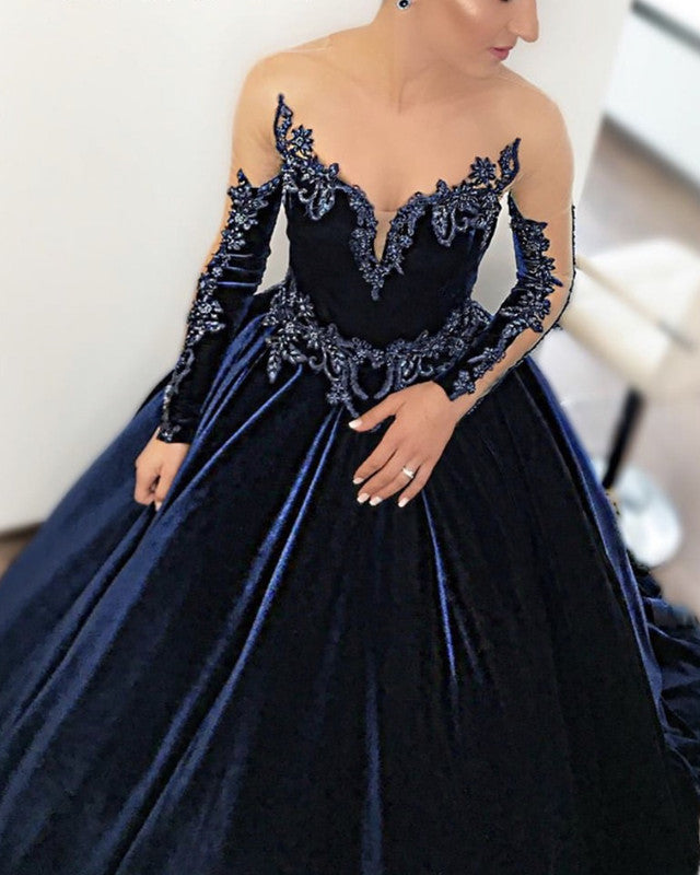 Navy Blue Wedding Velvet Dress