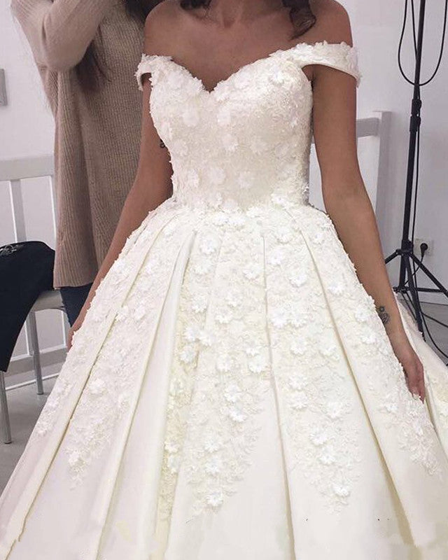 Princess Wedding Dress Lace Flowers V Neck Off Shoulder