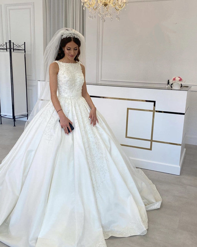 Princess Satin Wedding Dress Ball Gown Lace Embroidery – Lisposa