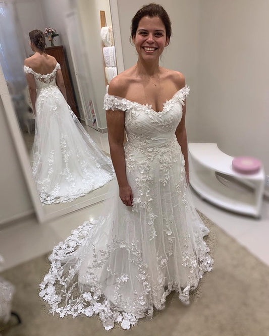A Line Lace Wedding Dress Off The Shoulder