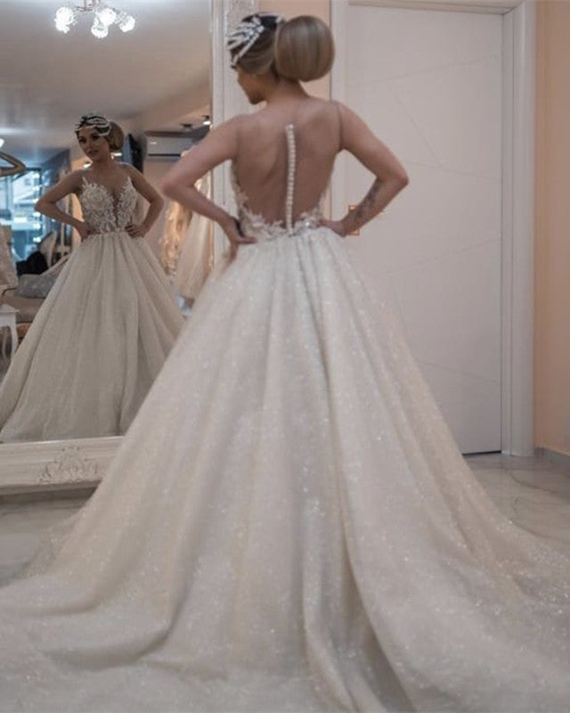 Tulle Princess Wedding Gowns Illusion Back Appliques Top