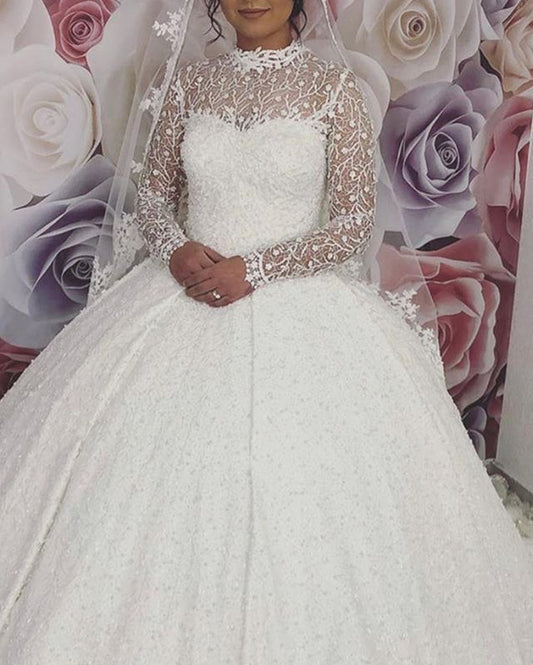 High Neck Lace Wedding Dress Long Sleeves