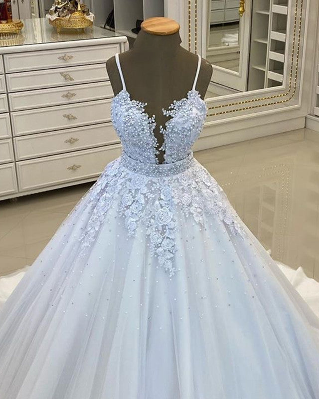 Elegant Spaghetti Straps Wedding Dress Lace Beaded – Lisposa