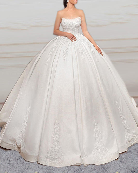 Strapless Corset Wedding Dress Satin Ball Gown Lace Embroidery