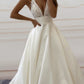 Elegant Satin Wedding Dress Lace V Neck