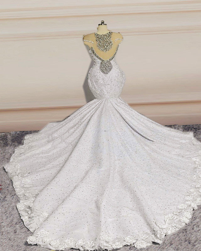 Crystal Beaded Mermaid Lace Wedding Dress Cap Sleeves