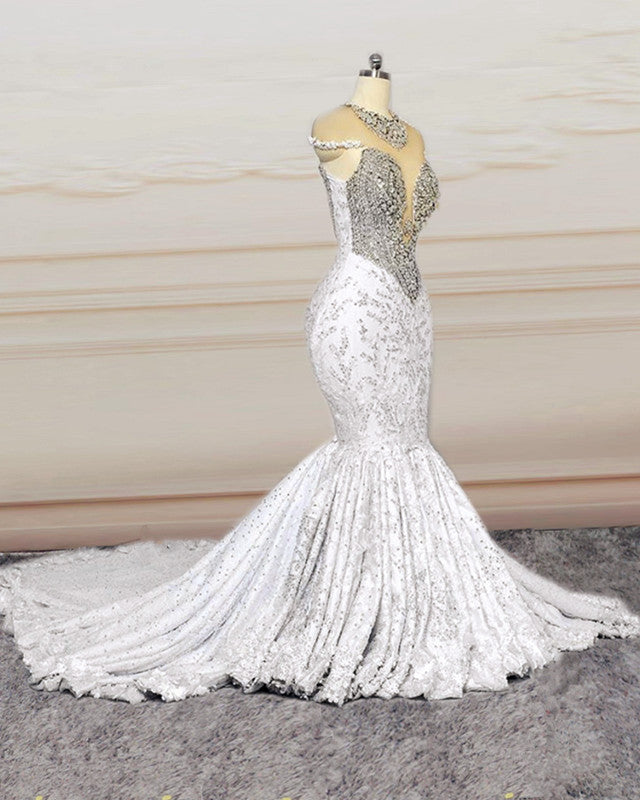 Crystal Beaded Mermaid Lace Wedding Dress Cap Sleeves