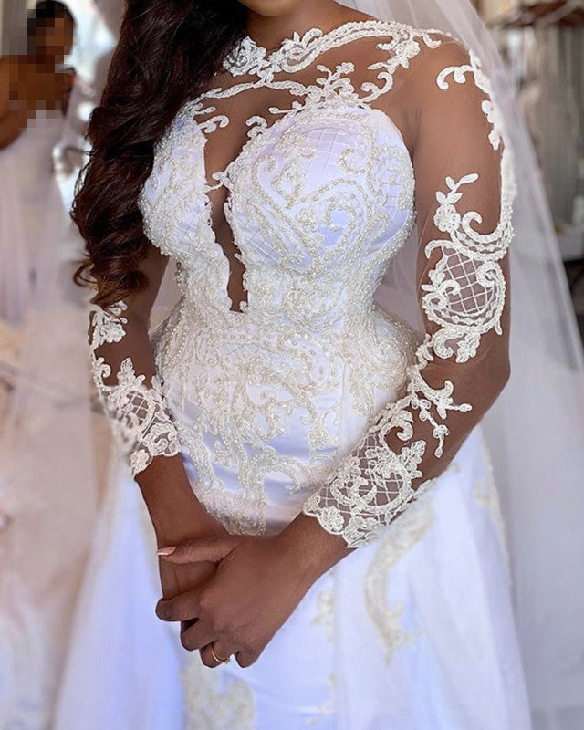 Lace Sleeved Wedding Dress Mermaid Removable Skirt