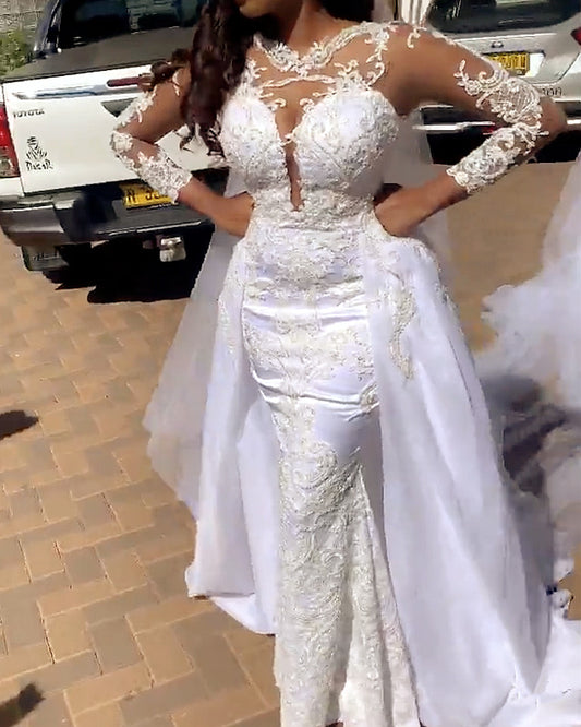 Lace Sleeved Wedding Dress Mermaid Removable Skirt