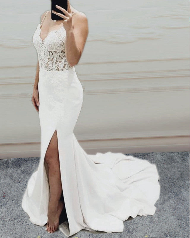 Sexy V Neck Mermaid Wedding Dress Leg Slit