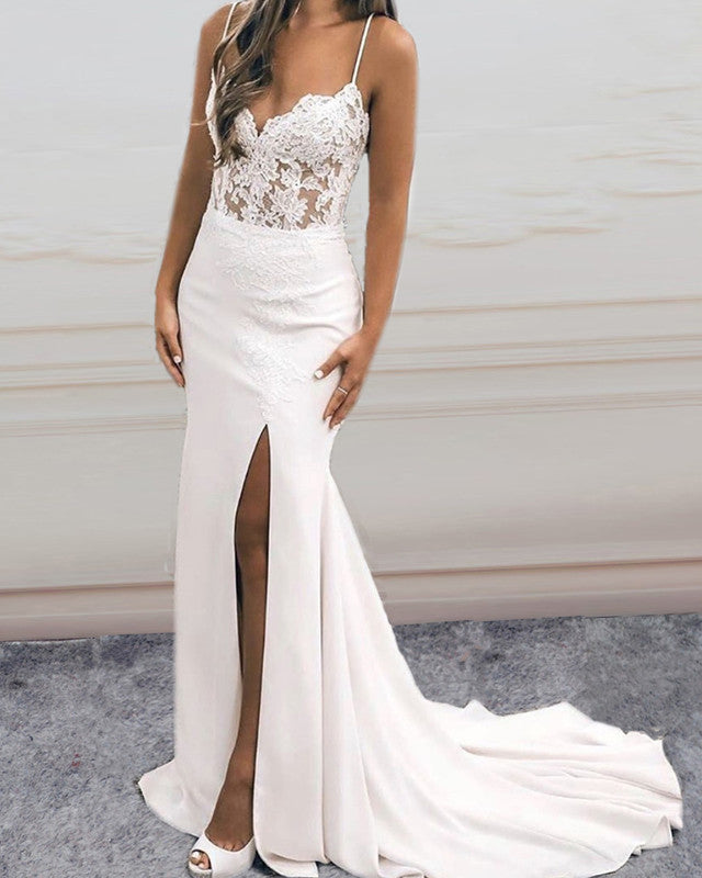 Sexy V Neck Mermaid Wedding Dress Leg Slit – Lisposa