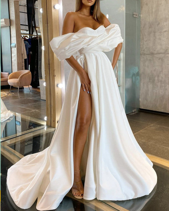 A-line Off The Shoulder Wedding Dress Satin With Slit