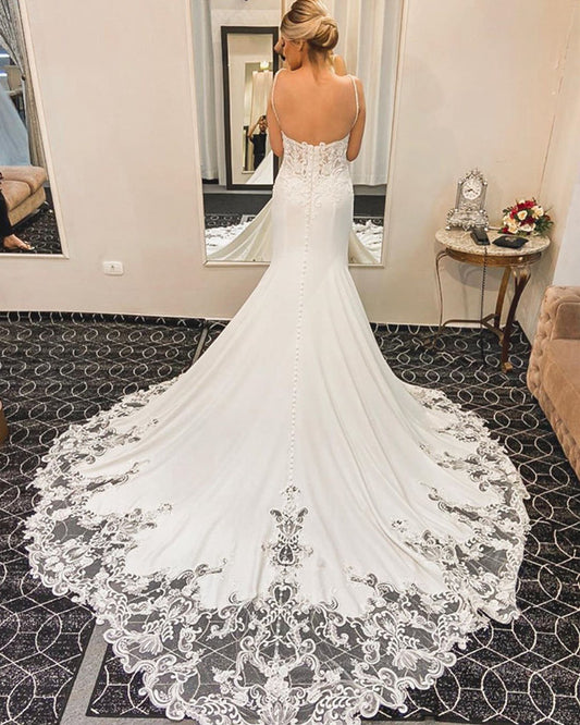 Lace Sweep Train Wedding Dress Mermaid For Bride