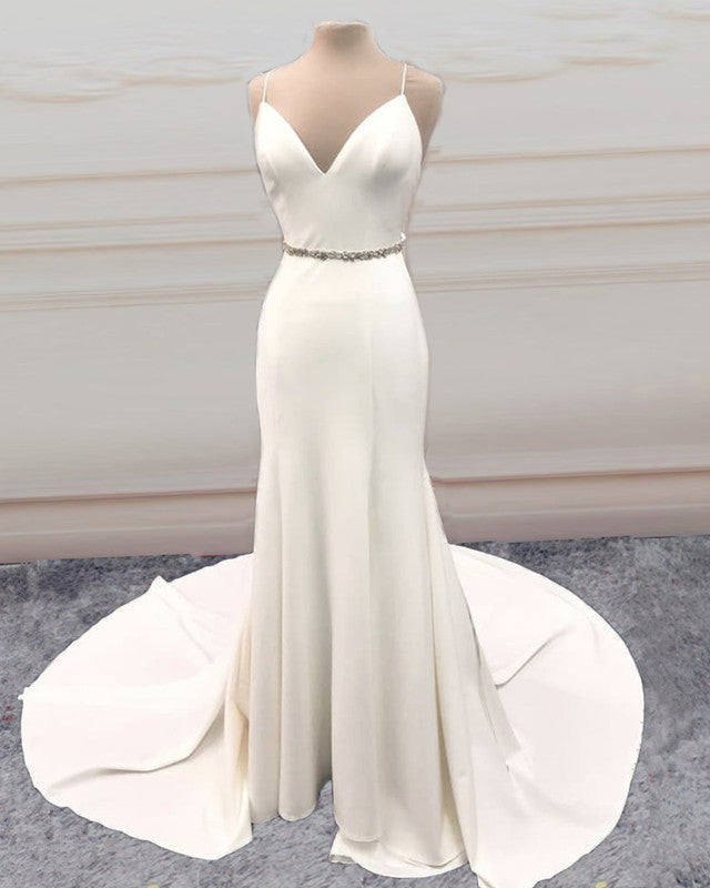 Mermaid V Neck Sweep Train Wedding Dress Bow Sashes