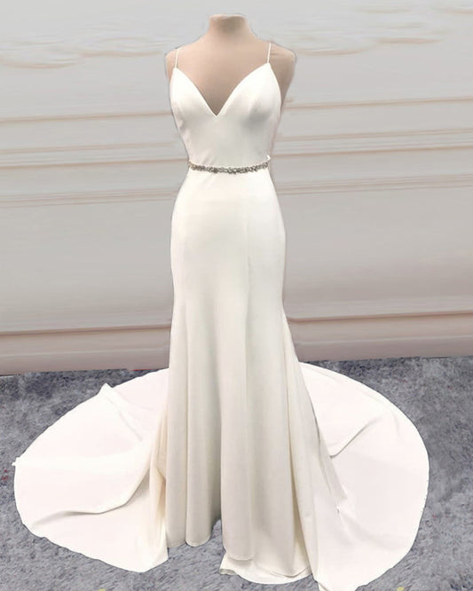 Mermaid V Neck Sweep Train Wedding Dress Bow Sashes