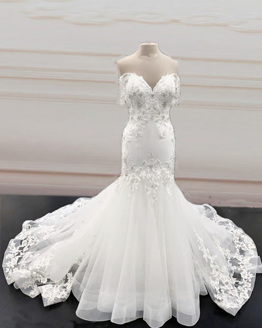 Mermaid Organza Wedding Dress Ruffles Off Shoulder Embroidery