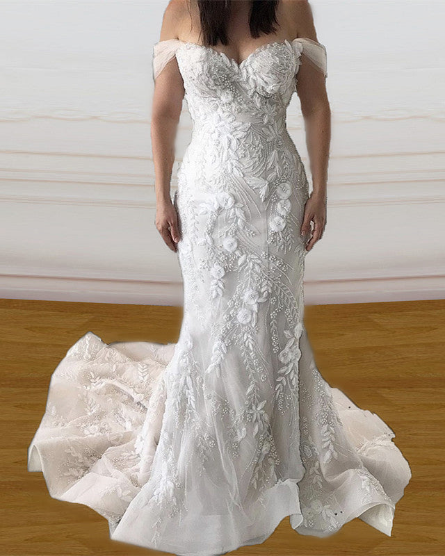 Luxurious Lace Embroidery Beaded Wedding Dress Mermaid