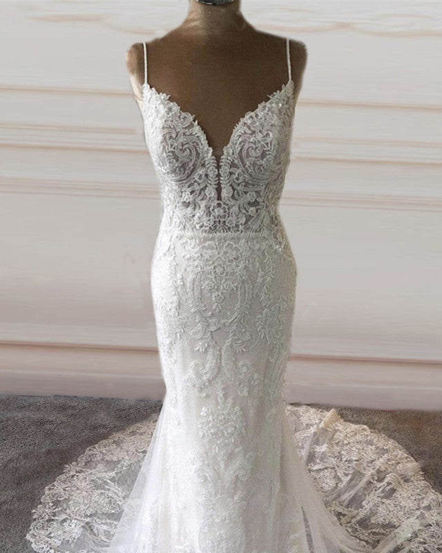 Lace Mermaid Wedding Dress Plunge Neck Spaghetti Straps